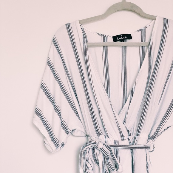 Lulu’s White Striped Short Sleeve V-Neck Romper - Picture 2 of 15